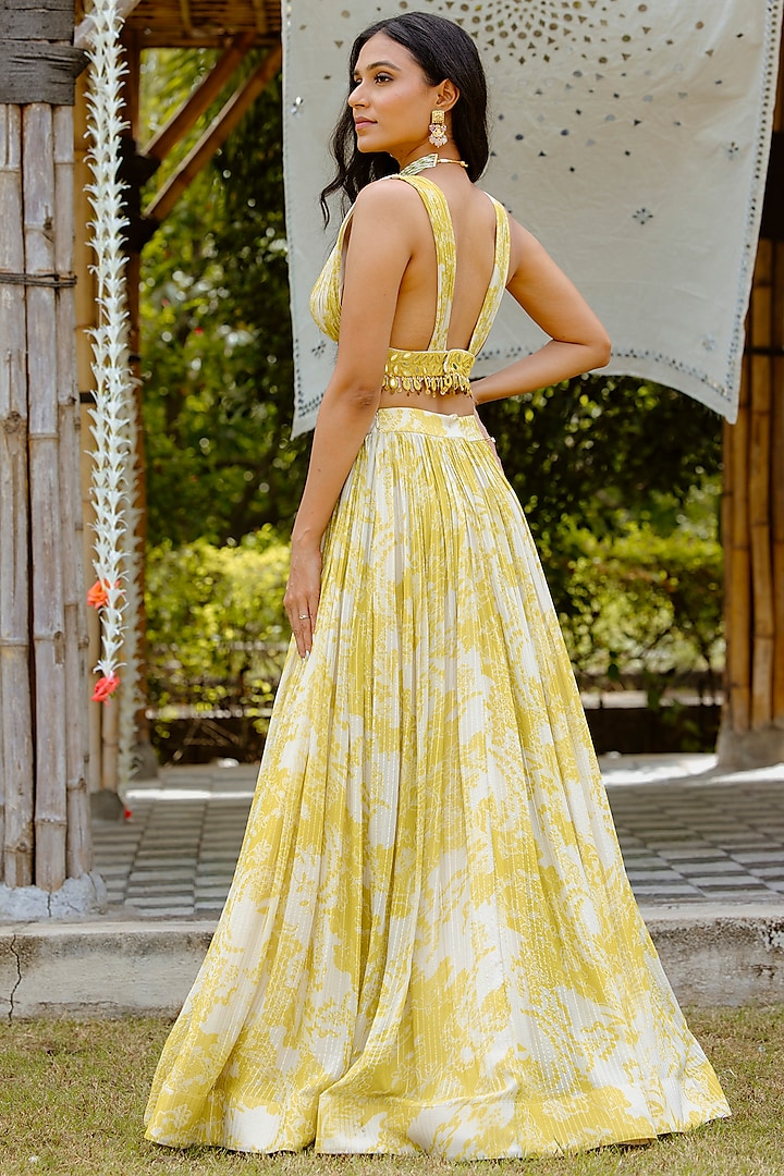 Olive Yellow Viscose Georgette Digital Printed Gathered Wedding Lehenga Set by VANA ETHNICS at Pernia's Pop Up Shop
