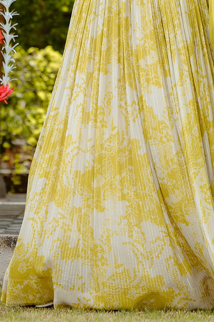Olive Yellow Viscose Georgette Digital Printed Gathered Wedding Lehenga Set by VANA ETHNICS at Pernia's Pop Up Shop