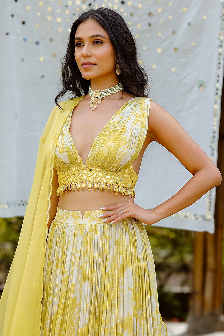 Olive Yellow Viscose Georgette Digital Printed Gathered Wedding Lehenga Set by VANA ETHNICS at Pernia's Pop Up Shop