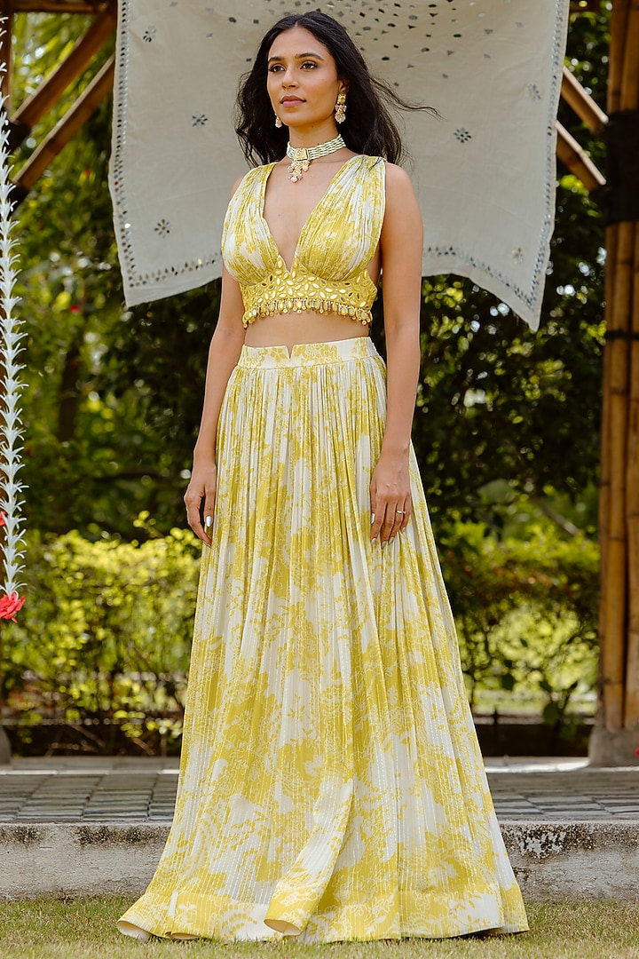 Olive Yellow Viscose Georgette Digital Printed Gathered Wedding Lehenga Set by VANA ETHNICS at Pernia's Pop Up Shop
