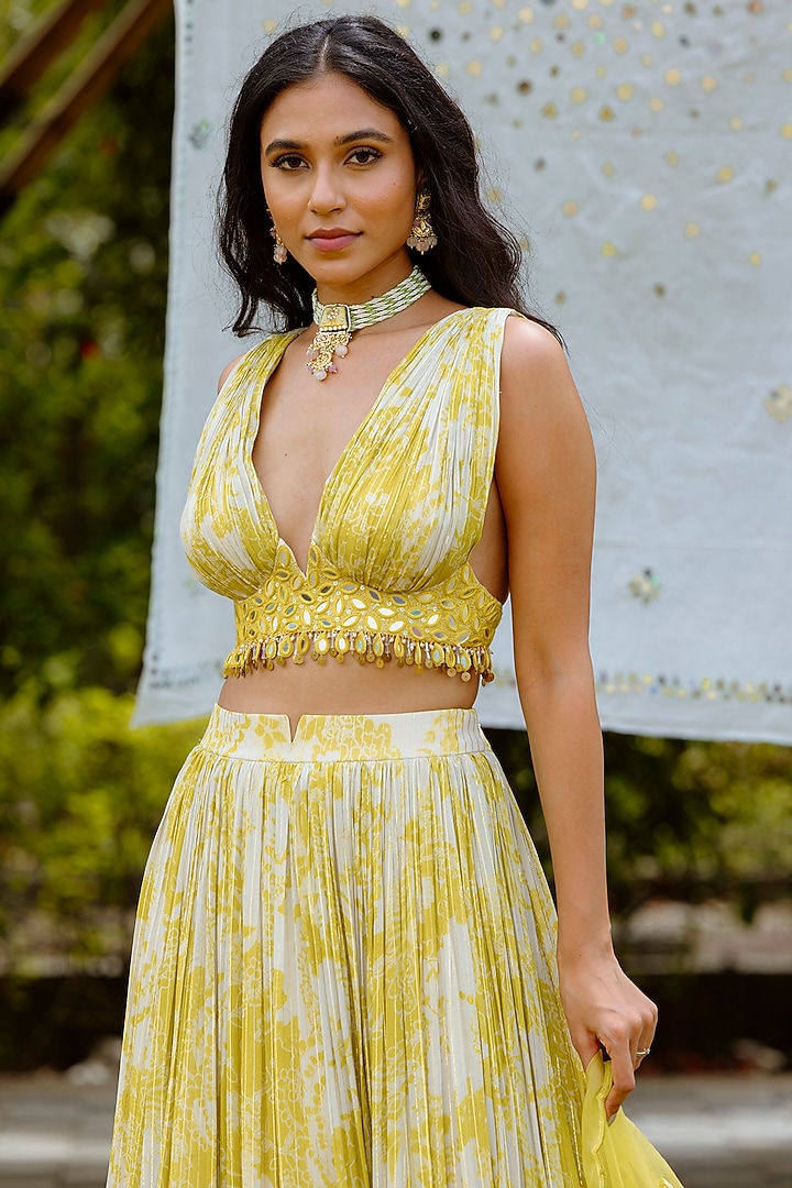 Olive Yellow Viscose Georgette Digital Printed Gathered Wedding Lehenga Set by VANA ETHNICS at Pernia's Pop Up Shop