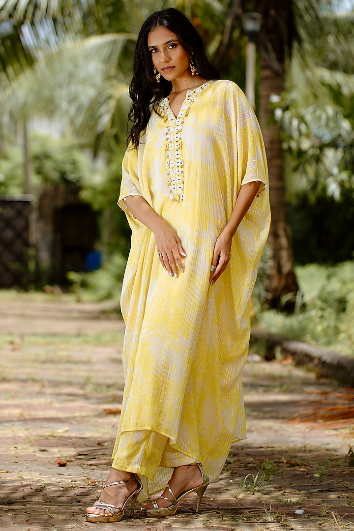 Yellow Viscose Georgette Digital Printed & Embroidered Kaftan Set by VANA ETHNICS at Pernia's Pop Up Shop