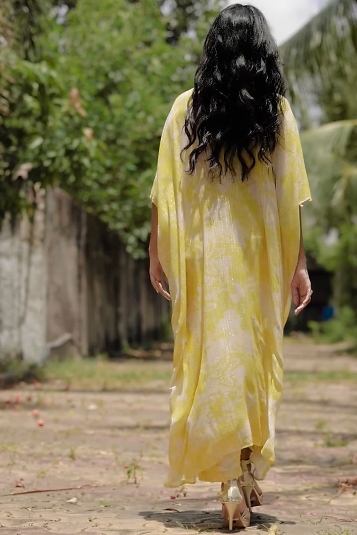 Yellow Viscose Georgette Digital Printed & Embroidered Kaftan Set by VANA ETHNICS at Pernia's Pop Up Shop