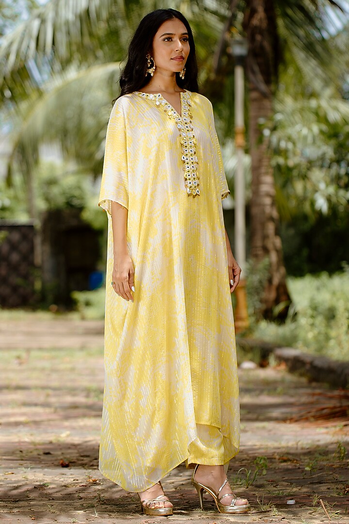 Yellow Viscose Georgette Digital Printed & Embroidered Kaftan Set by VANA ETHNICS at Pernia's Pop Up Shop