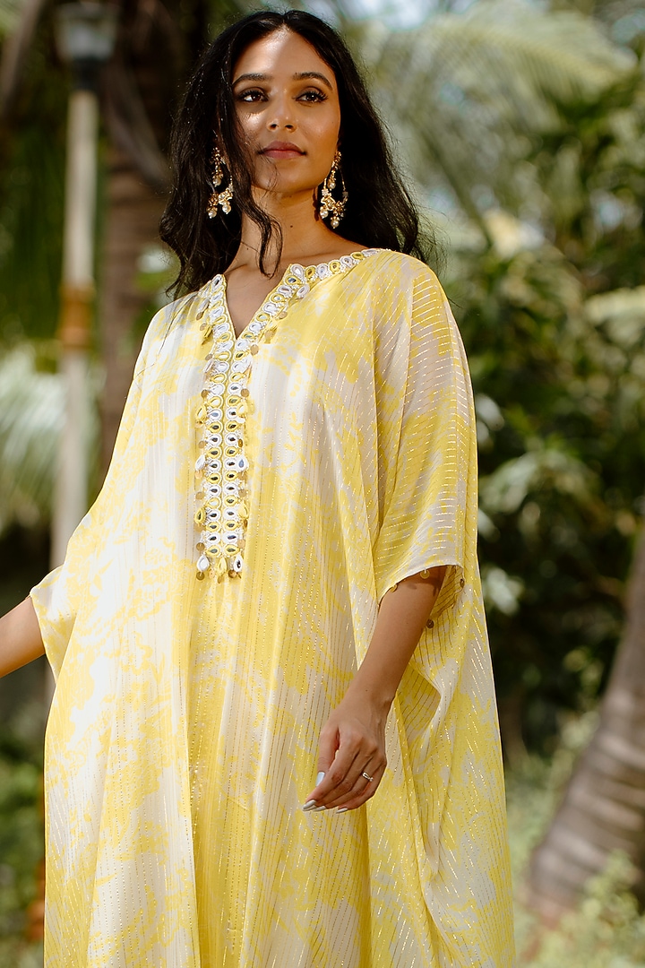 Yellow Viscose Georgette Digital Printed & Embroidered Kaftan Set by VANA ETHNICS at Pernia's Pop Up Shop