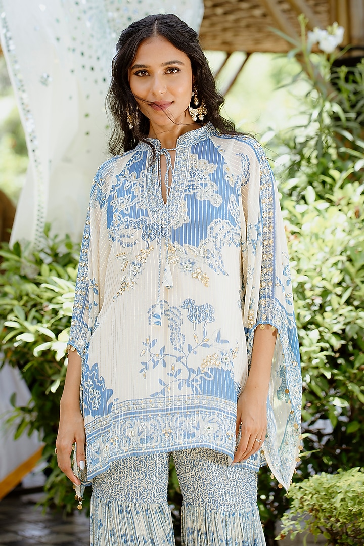 Blue Viscose Georgette Digital Printed Wedding Sharara Set by VANA ETHNICS at Pernia's Pop Up Shop