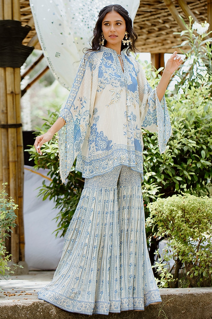 Blue Viscose Georgette Digital Printed Wedding Sharara Set by VANA ETHNICS at Pernia's Pop Up Shop