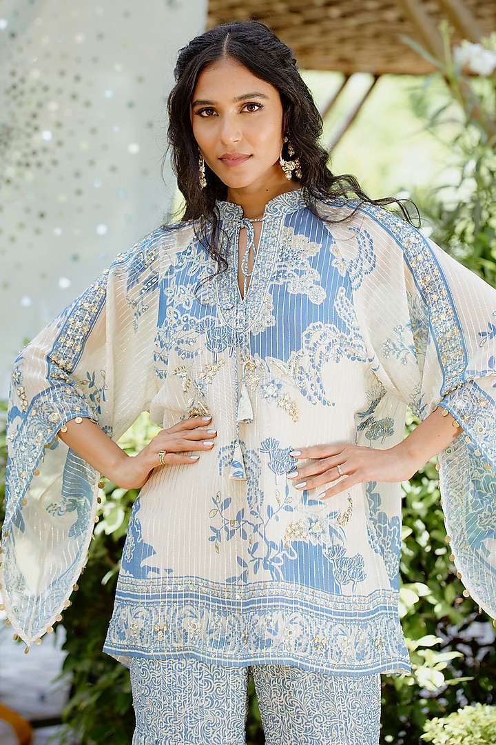 Blue Viscose Georgette Digital Printed Wedding Sharara Set by VANA ETHNICS at Pernia's Pop Up Shop
