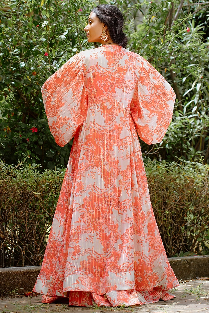Red Viscose Georgette Digital Printed Jacket Wedding Lehenga Set by VANA ETHNICS at Pernia's Pop Up Shop