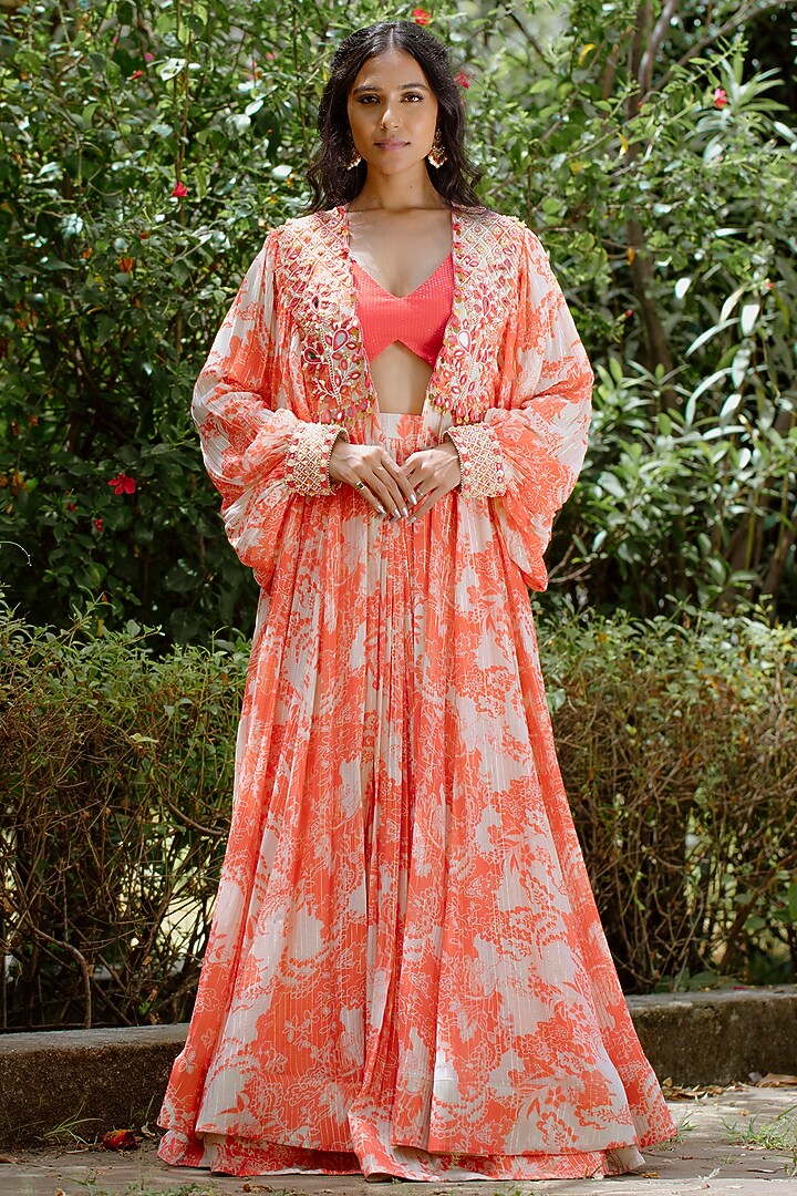 Red Viscose Georgette Digital Printed Jacket Wedding Lehenga Set by VANA ETHNICS at Pernia's Pop Up Shop