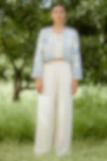 Blue Silk Digital Printed & Embroidered Jacket Set by VANA ETHNICS at Pernia's Pop Up Shop