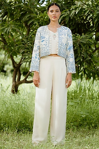 Blue Silk Digital Printed & Embroidered Jacket Set by VANA ETHNICS