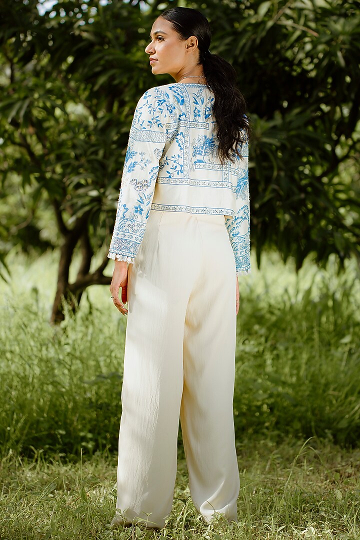 Blue Silk Digital Printed & Embroidered Jacket Set by VANA ETHNICS at Pernia's Pop Up Shop