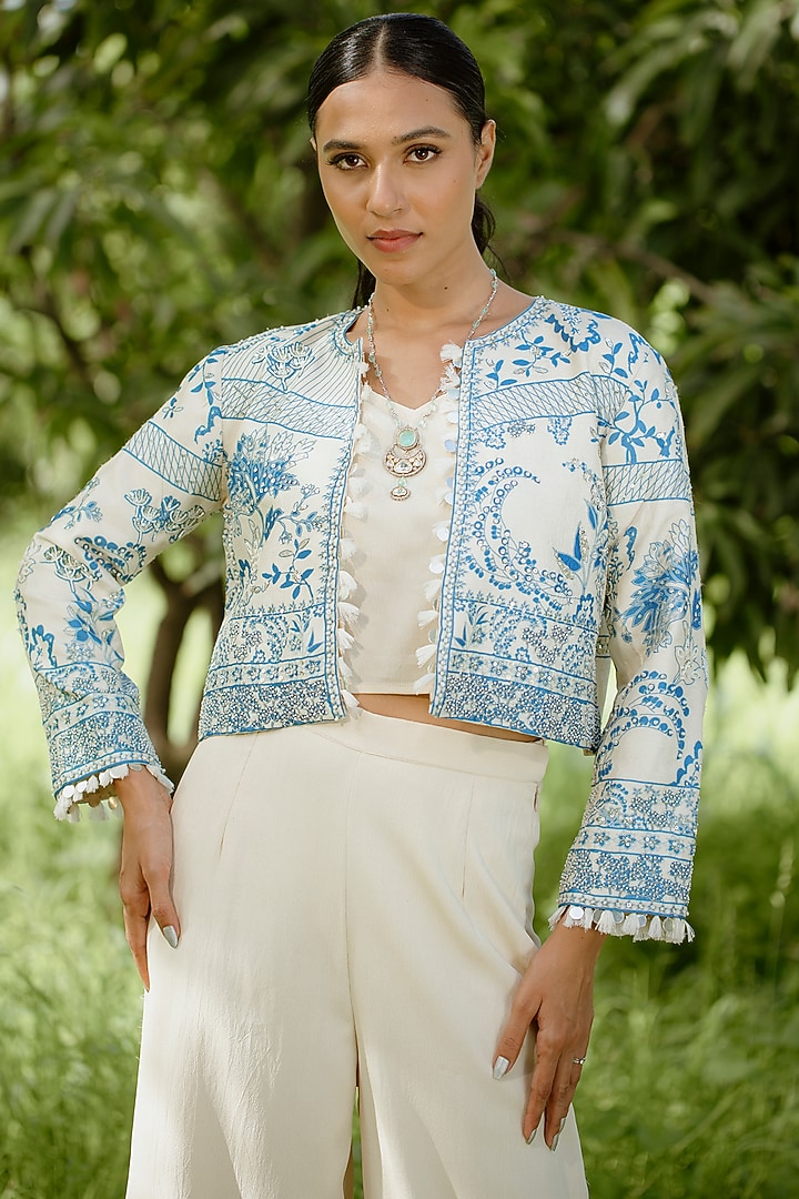 Blue Silk Digital Printed & Embroidered Jacket Set by VANA ETHNICS at Pernia's Pop Up Shop