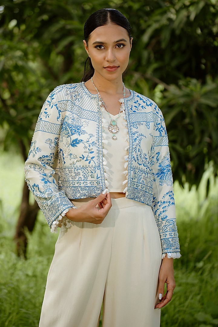 Blue Silk Digital Printed & Embroidered Jacket Set by VANA ETHNICS at Pernia's Pop Up Shop