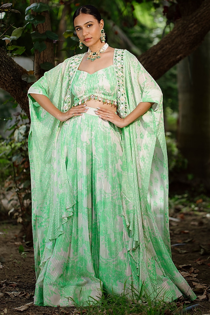 Green Viscose Georgette Digital Printed & Embroidered Jacket Set by VANA ETHNICS