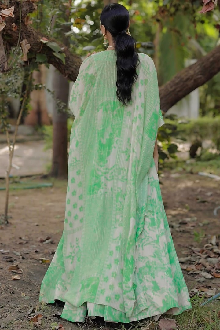 Green Viscose Georgette Digital Printed & Embroidered Jacket Set by VANA ETHNICS at Pernia's Pop Up Shop