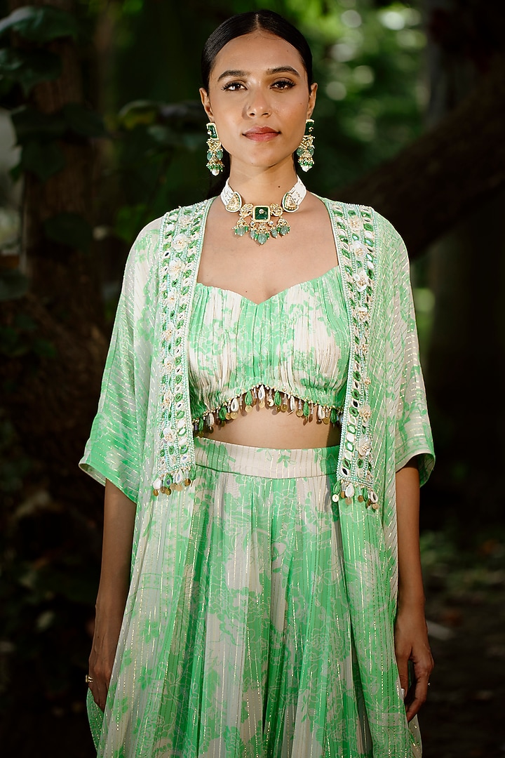 Green Viscose Georgette Digital Printed & Embroidered Jacket Set by VANA ETHNICS at Pernia's Pop Up Shop
