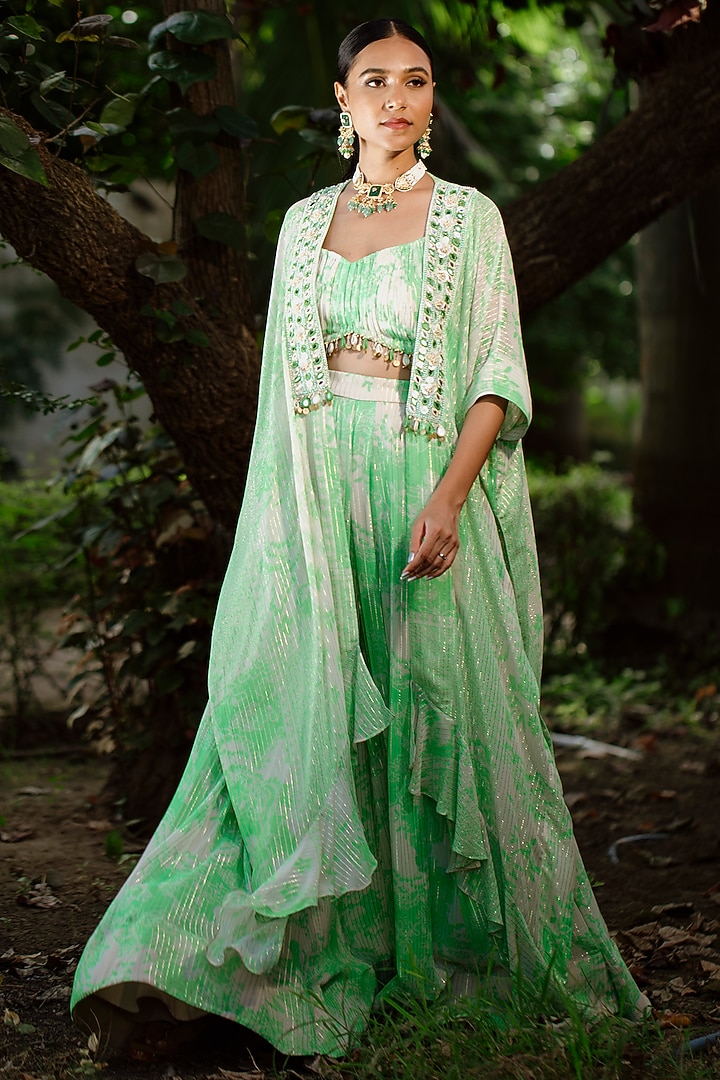 Green Viscose Georgette Digital Printed & Embroidered Jacket Set by VANA ETHNICS at Pernia's Pop Up Shop