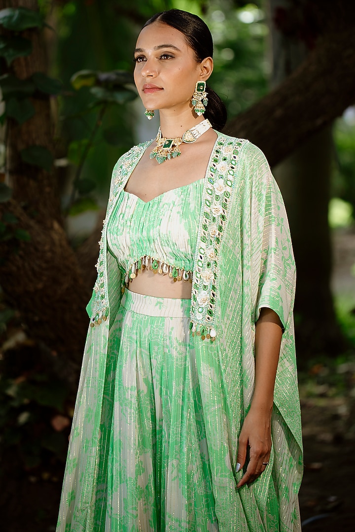 Green Viscose Georgette Digital Printed & Embroidered Jacket Set by VANA ETHNICS at Pernia's Pop Up Shop