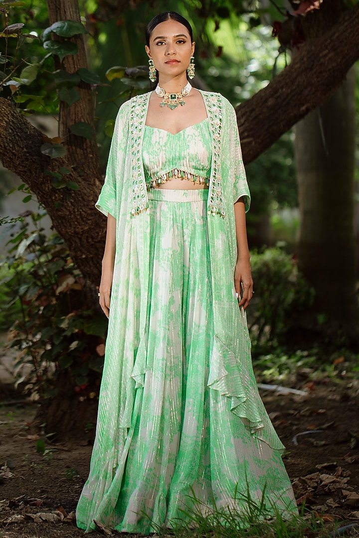 Green Viscose Georgette Digital Printed & Embroidered Jacket Set by VANA ETHNICS at Pernia's Pop Up Shop