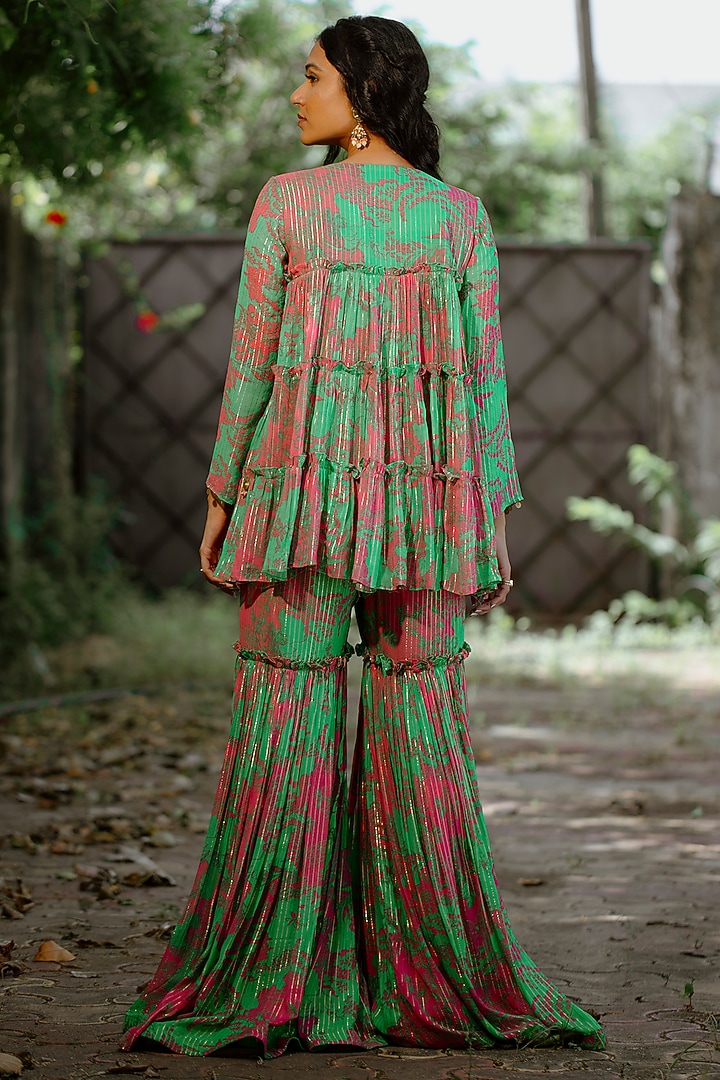 Green Viscose Georgette Digital Printed Wedding Sharara Set by VANA ETHNICS at Pernia's Pop Up Shop