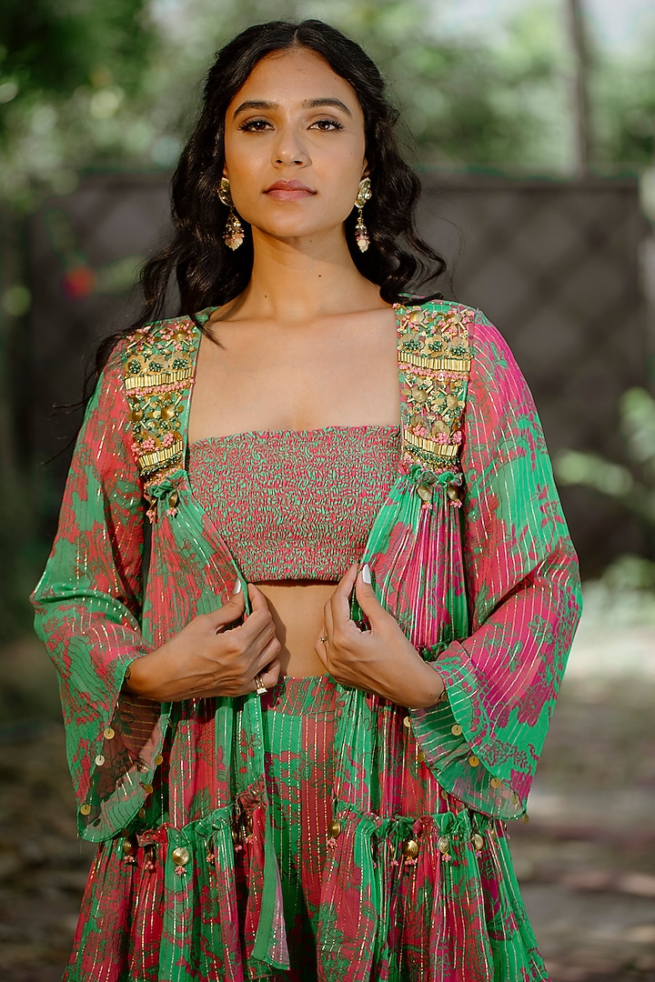 Green Viscose Georgette Digital Printed Wedding Sharara Set by VANA ETHNICS at Pernia's Pop Up Shop