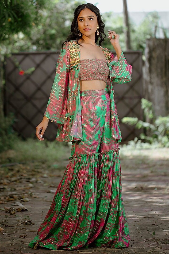Green Viscose Georgette Digital Printed Wedding Sharara Set by VANA ETHNICS at Pernia's Pop Up Shop