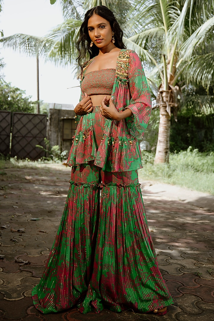 Green Viscose Georgette Digital Printed Wedding Sharara Set by VANA ETHNICS at Pernia's Pop Up Shop