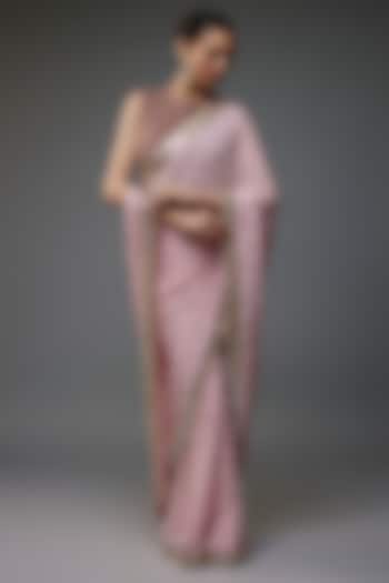 Blush Pink Chinon Sequins Hand Embroidered Saree by VANA ETHNICS