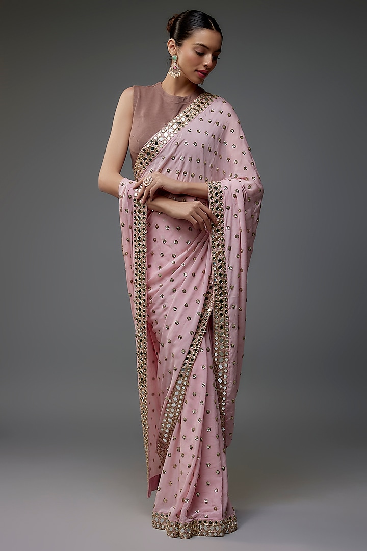 Blush Pink Chinon Sequins Hand Embroidered Saree by VANA ETHNICS