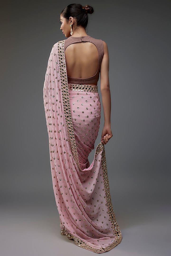 Blush Pink Chinon Sequins Hand Embroidered Wedding Saree by VANA ETHNICS at Pernia's Pop Up Shop