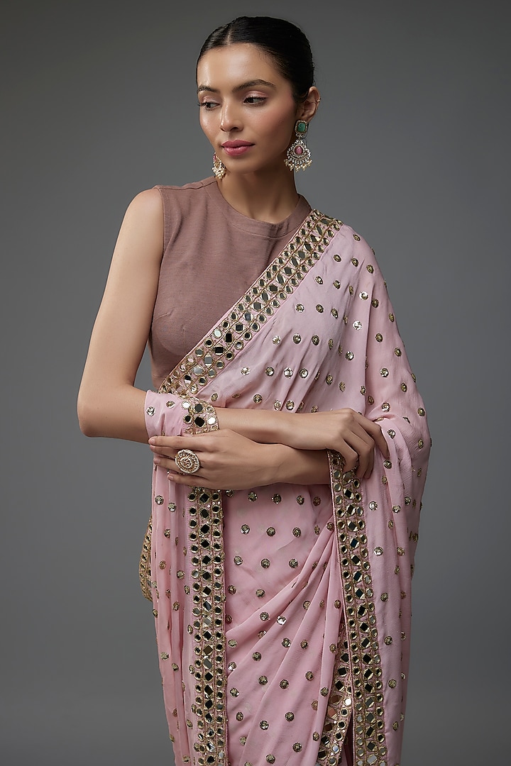 Blush Pink Chinon Sequins Hand Embroidered Wedding Saree by VANA ETHNICS at Pernia's Pop Up Shop