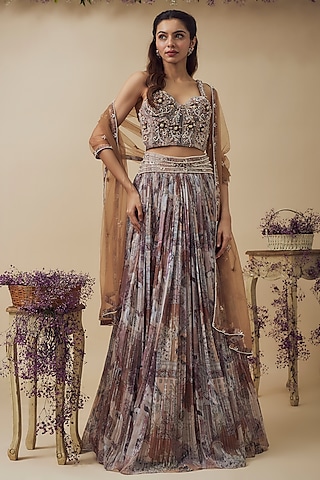 Beige Lurex Chiffon Digital Printed Gathered Lehenga Set by VANA ETHNICS
