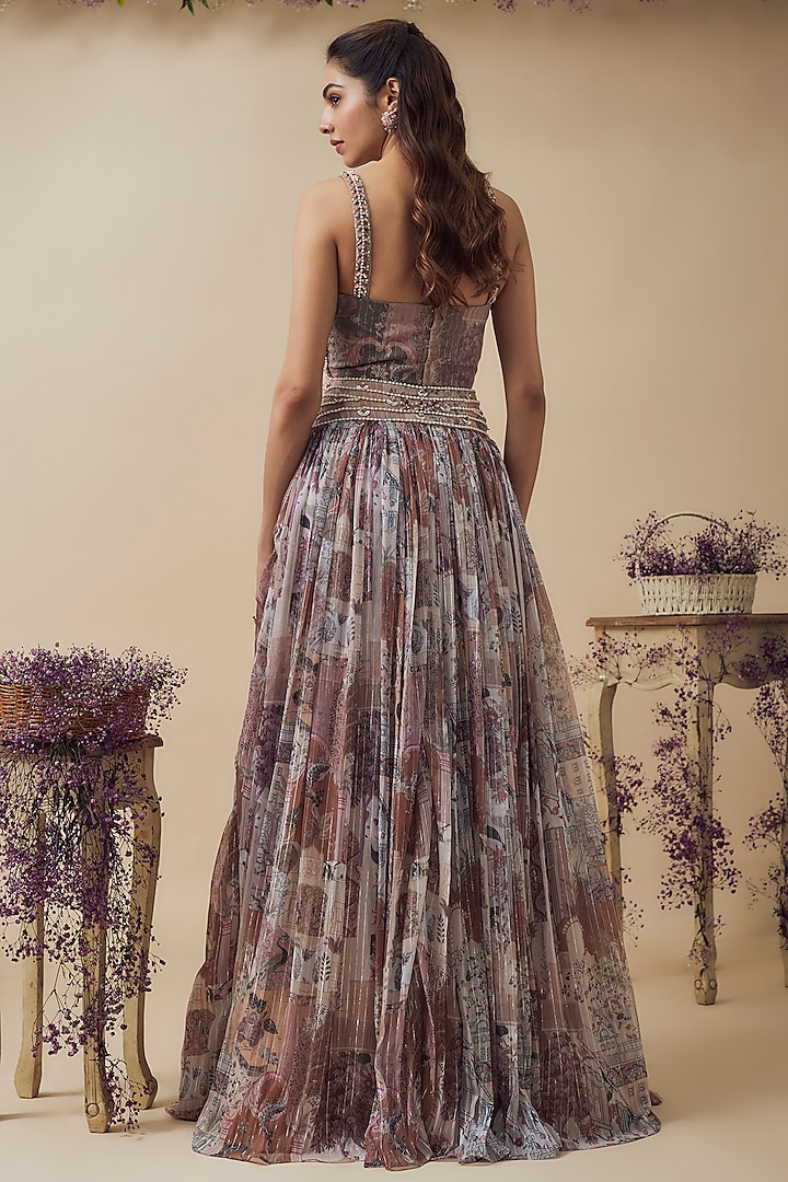 Beige Lurex Chiffon Digital Printed Gathered Wedding Lehenga Set by VANA ETHNICS at Pernia's Pop Up Shop