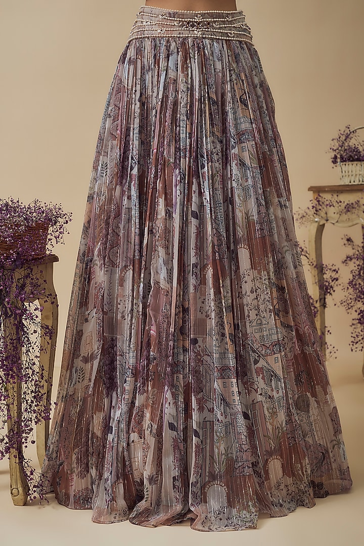 Beige Lurex Chiffon Digital Printed Gathered Wedding Lehenga Set by VANA ETHNICS at Pernia's Pop Up Shop