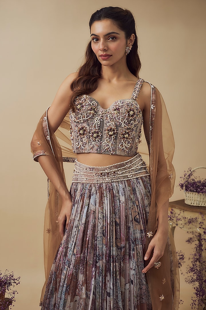 Beige Lurex Chiffon Digital Printed Gathered Wedding Lehenga Set by VANA ETHNICS at Pernia's Pop Up Shop
