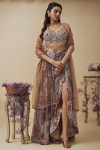 Beige Lurex Chiffon Digital Printed Asymmetric Skirt Set by VANA ETHNICS