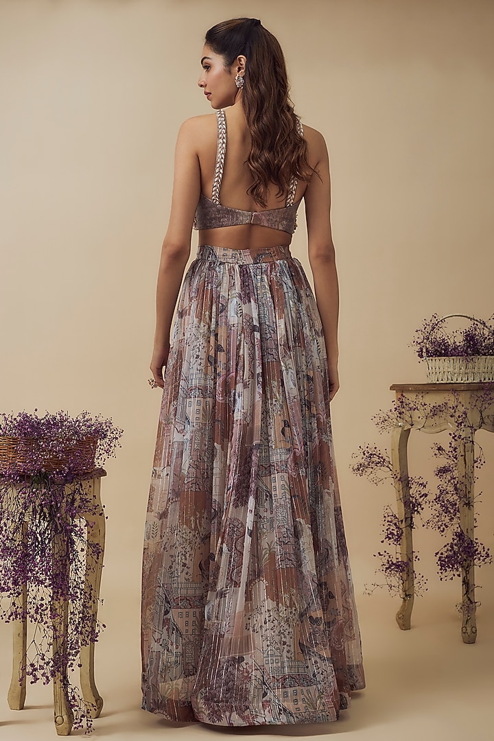 Beige Lurex Chiffon Digital Printed Asymmetric Skirt Set by VANA ETHNICS at Pernia's Pop Up Shop