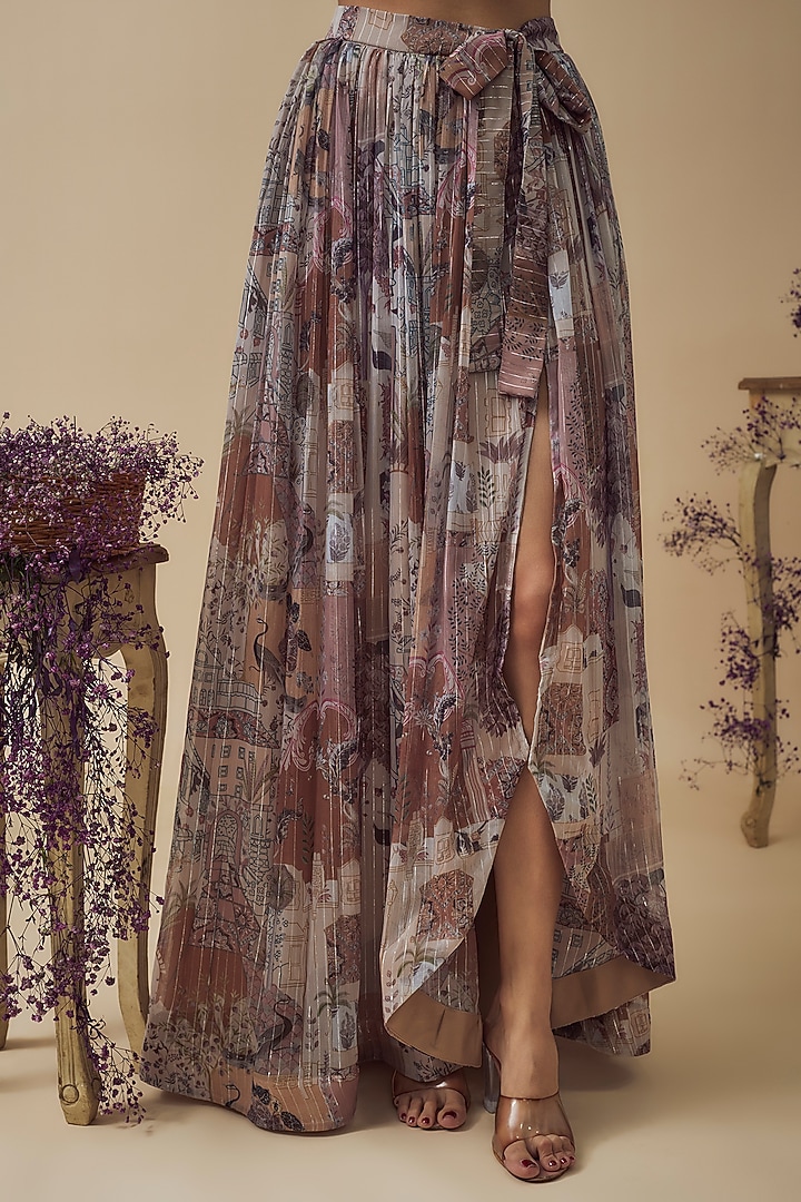Beige Lurex Chiffon Digital Printed Asymmetric Skirt Set by VANA ETHNICS at Pernia's Pop Up Shop