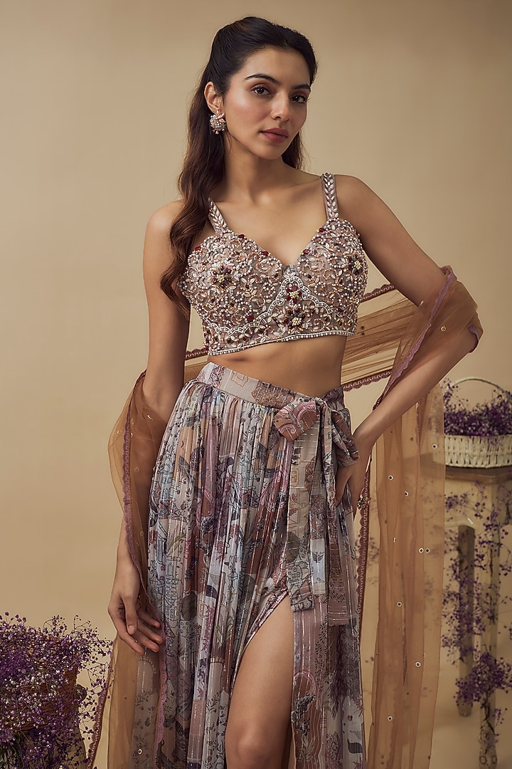 Beige Lurex Chiffon Digital Printed Asymmetric Skirt Set by VANA ETHNICS at Pernia's Pop Up Shop