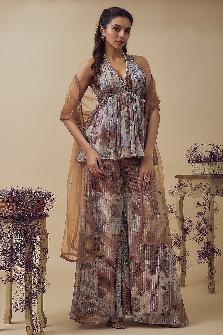 Beige Lurex Chiffon Digital Printed A-Line Palazzo Pant Set by VANA ETHNICS at Pernia's Pop Up Shop