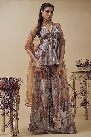 Beige Lurex Chiffon Digital Printed A-Line Palazzo Pant Set by VANA ETHNICS