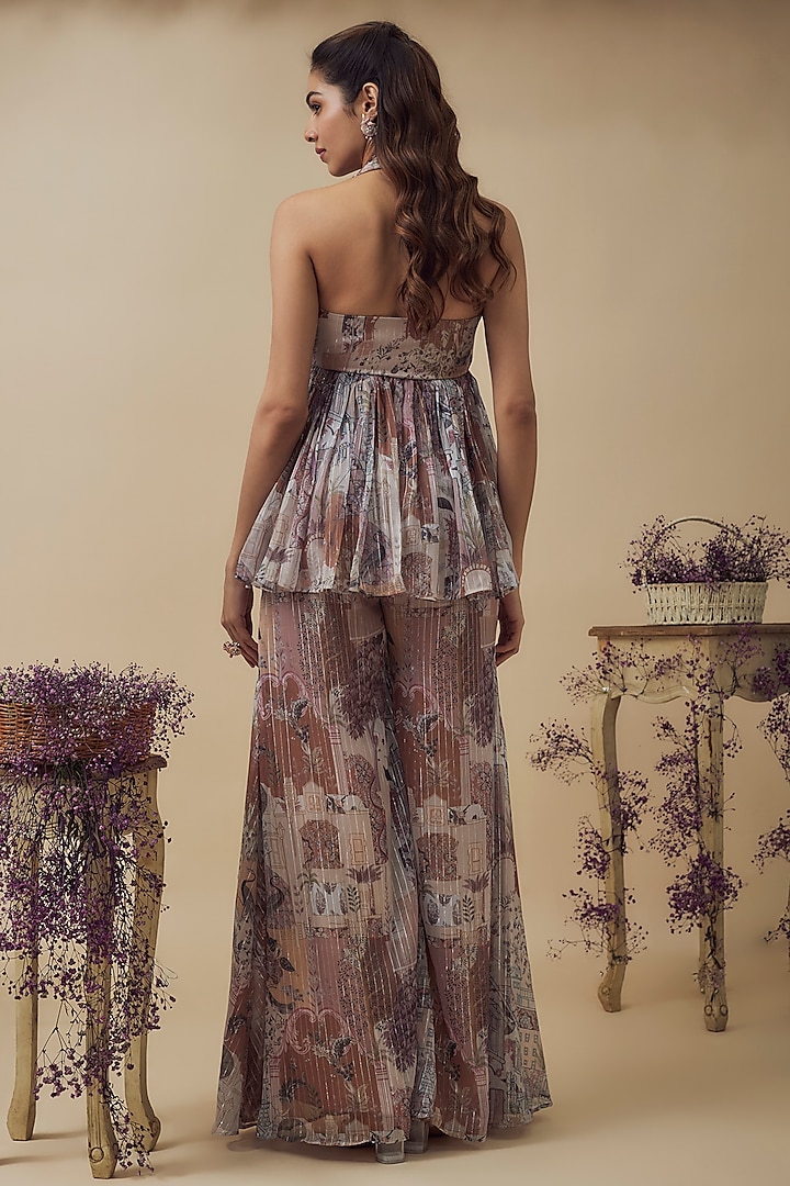 Beige Lurex Chiffon Digital Printed A-Line Palazzo Pant Set by VANA ETHNICS at Pernia's Pop Up Shop