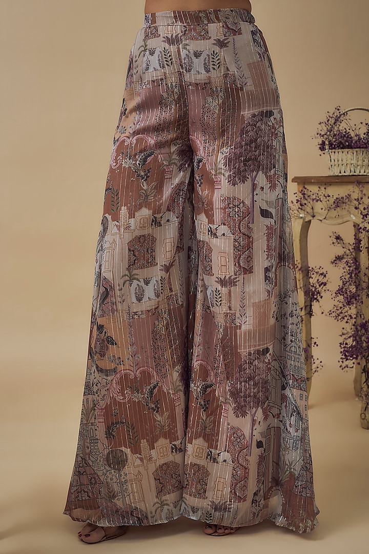 Beige Lurex Chiffon Digital Printed A-Line Palazzo Pant Set by VANA ETHNICS at Pernia's Pop Up Shop