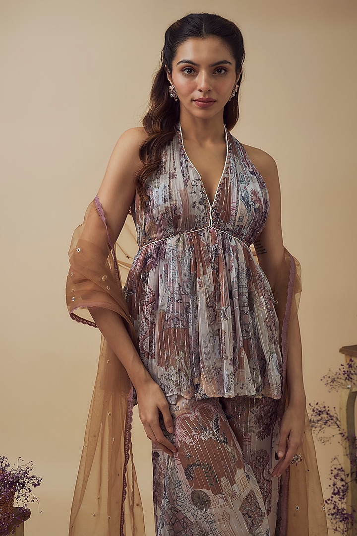 Beige Lurex Chiffon Digital Printed A-Line Palazzo Pant Set by VANA ETHNICS at Pernia's Pop Up Shop