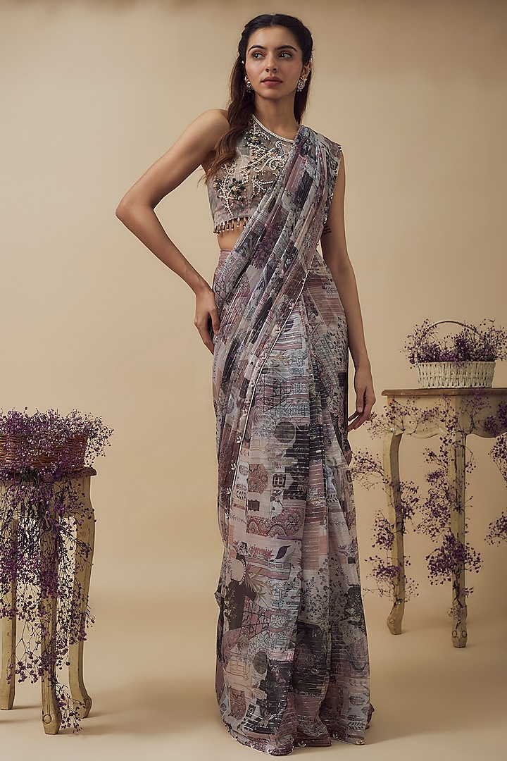 Beige Lurex Chiffon Digital Printed Ready-To-Wear Saree Set by VANA ETHNICS at Pernia's Pop Up Shop