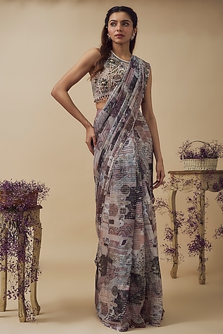 Beige Lurex Chiffon Digital Printed Ready-To-Wear Saree Set by VANA ETHNICS