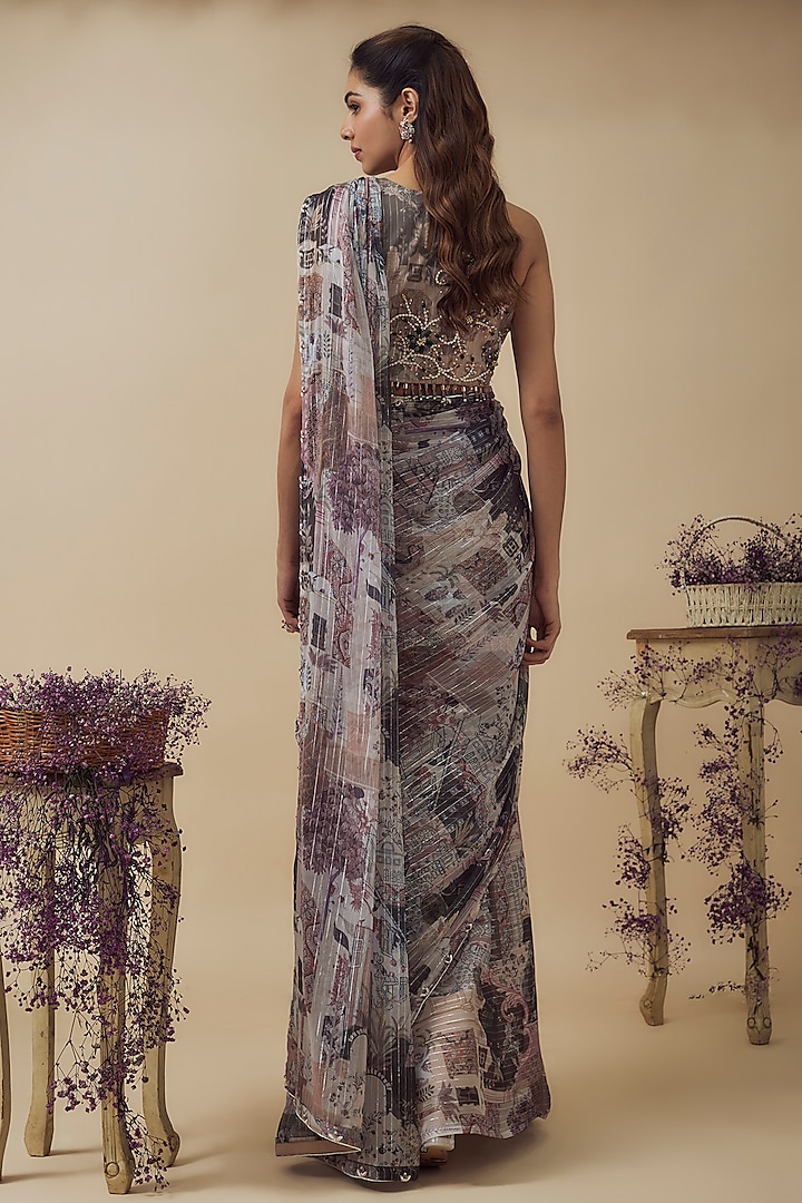 Beige Lurex Chiffon Digital Printed Ready-To-Wear Wedding Saree Set by VANA ETHNICS at Pernia's Pop Up Shop