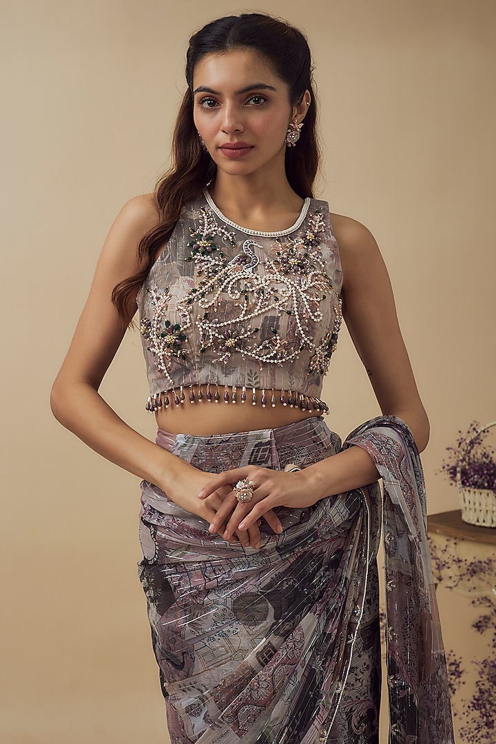 Beige Lurex Chiffon Digital Printed Ready-To-Wear Wedding Saree Set by VANA ETHNICS at Pernia's Pop Up Shop